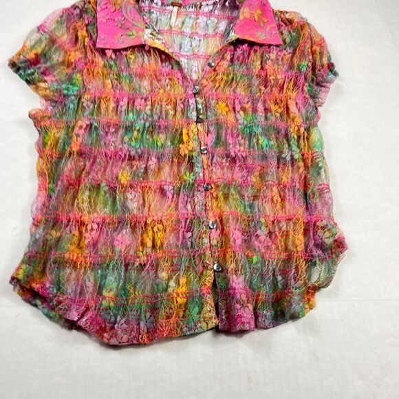 Free People Julie Lace Button Down Shirt Colorful Y2K Short Sleeve Boho Top M - Picture 2 of 10